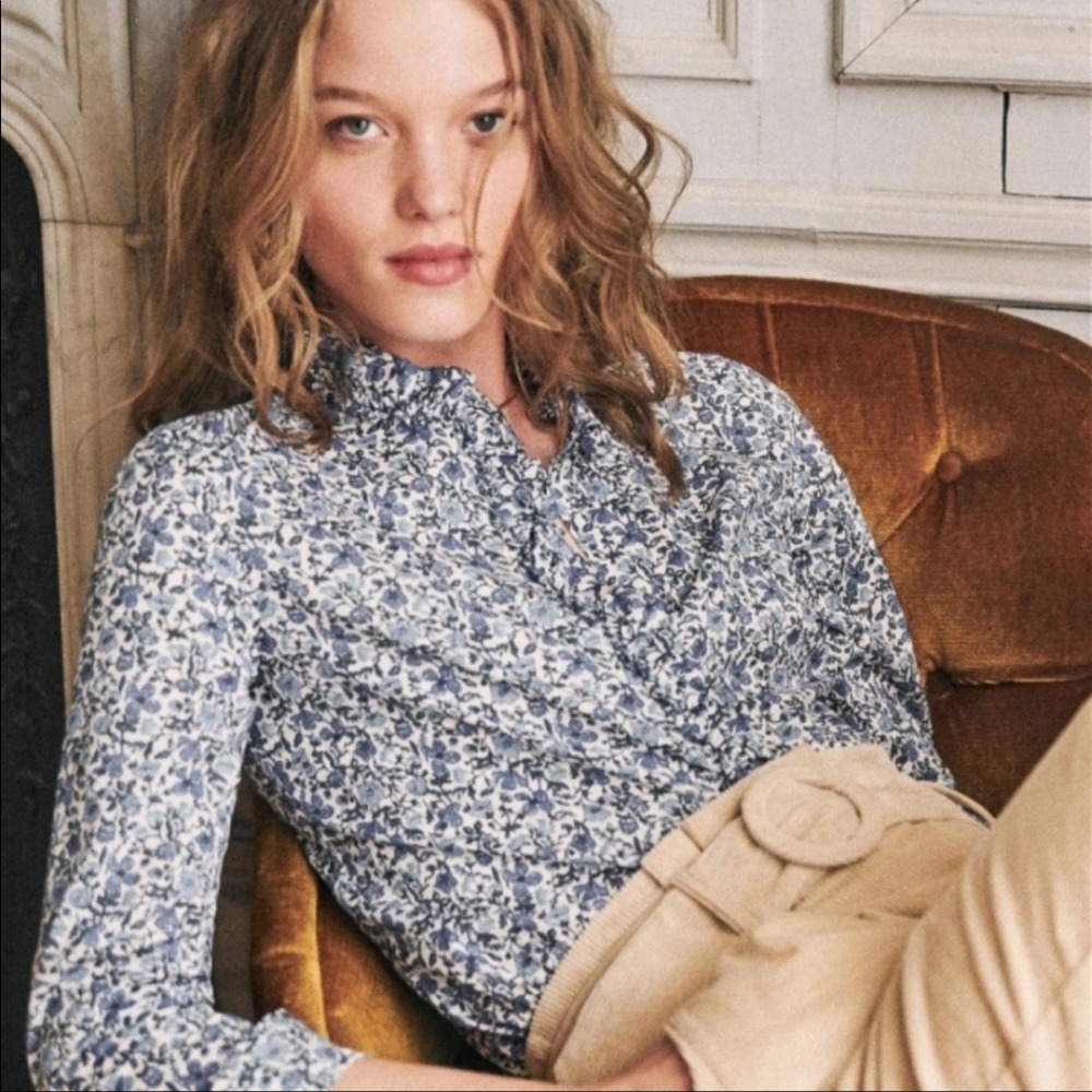 SEZANE Solange Floral Ruffle Blue Button Down Shirt
